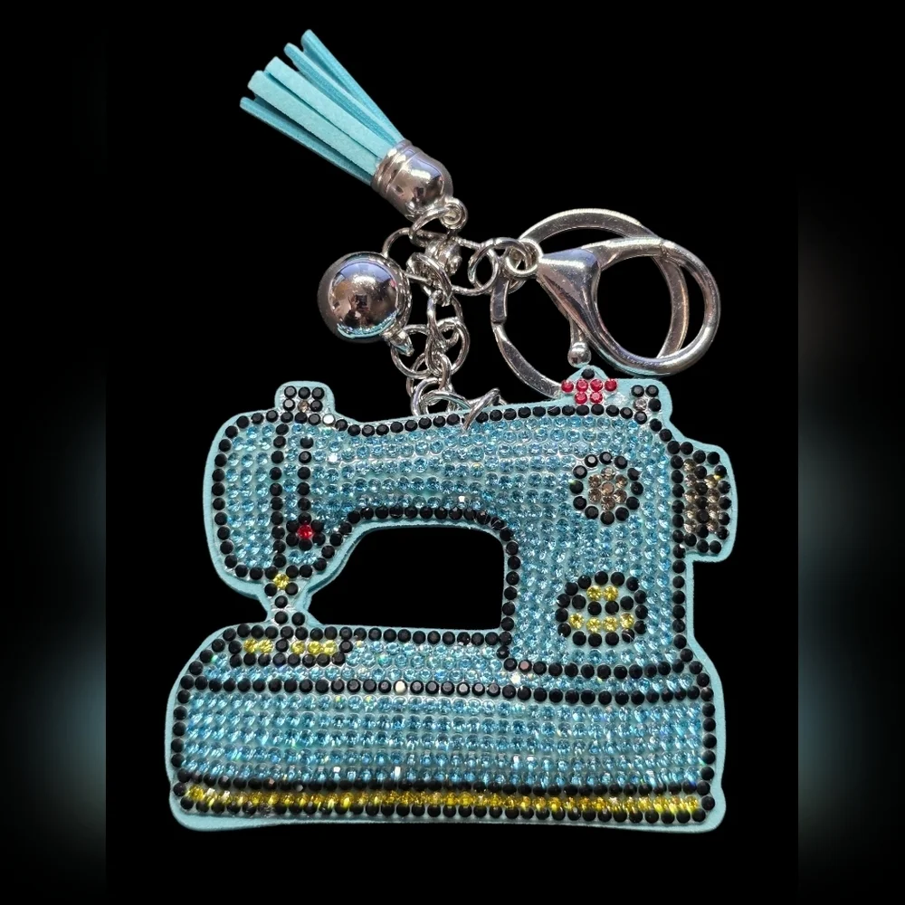 Blue Rhinestone Sewing Machine Bag Charm Keychain